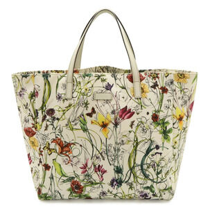 Gucci Flora Flower Tote Bag Handbag Floral Canvas Leather White Multicolor